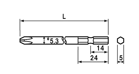 NAC(長堀工業) (+)ビセッター用ビット(B-10)(差込口 5mmx14x先端φ5.3) 製品図面