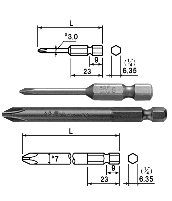 NAC(長堀工業) (+)片頭シングルビット(B-30)(差込口 6.35mmx9x先端φ3/φ7) 製品図面