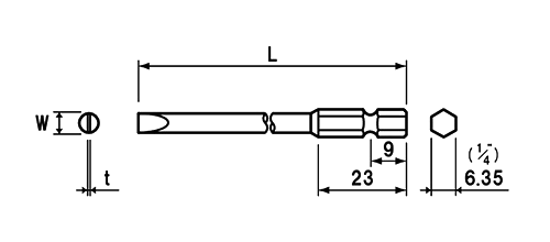 NAC(長堀工業) (-)マイナスビット(B-30)(差込口 6.35mmx9) 製品図面