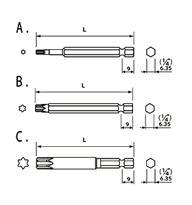 NAC(長堀工業) トルクスT型ビット(B-30/S3)(差込口 6.35mmx9) 製品図面