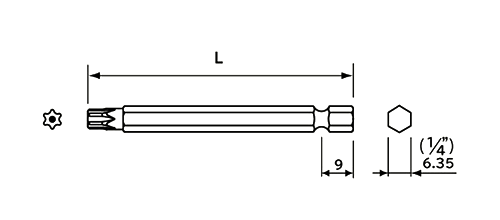 NAC(長堀工業) トルクスT型ビット いじり止めピン付き((B-30/S3)(差込口 6.35mmx9) 製品図面
