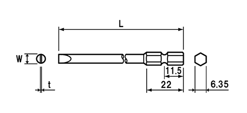 NAC(長堀工業) (-)片頭マイナスドライバービット(B-37)(差込口 6.35mmx11.5) 製品図面