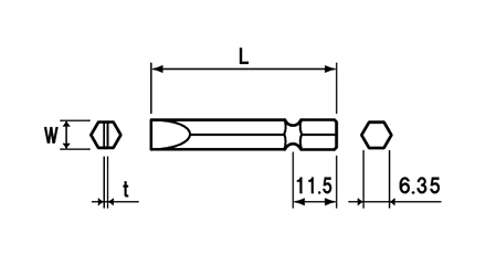 NAC(長堀工業) (-)片頭幅広マイナスドライバービット(B-37)(差込口 6.35mmx11.5/ -6mm幅) 製品図面