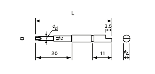 NAC(長堀工業) デルボ用電動ドライバー用 トルクスT型ビット(DB)(差込口径φ4mm) 製品図面