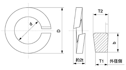 鉄 ばね座金2号 (スプリングワッシャー)(和光金属製)(ドブ鍍金) 製品図面