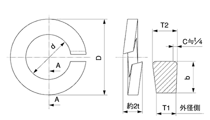 ステンレス ばね座金2号 (スプリングワッシャー)(岸和田製) 製品図面