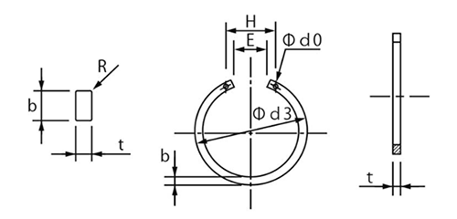 鉄 JIS B2804穴用 同心止め輪(穴付き)(羽島製) 製品図面
