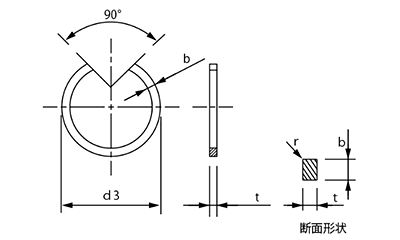 鉄 JIS B2804穴用 同心止め輪(穴無し)(羽島製) 製品図面
