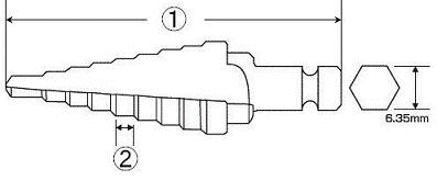 スパイラルステージドリル (六角軸)(傘型多段ドリル)(TINコーティング) ロブテックス 製品図面