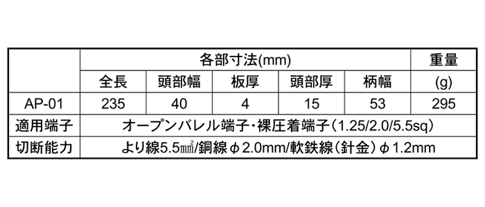 ツノダ 電工万能ペンチ AP-01 (オープンバレル端子・裸圧着端子用) 製品規格