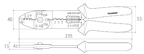 ツノダ 電工万能ペンチ AP-01 (オープンバレル端子・裸圧着端子用) 製品図面