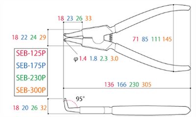 ツノダ スナップリングプライヤー 軸用曲爪 (硬質ビット)(ばね付)(SEB-P) 製品図面