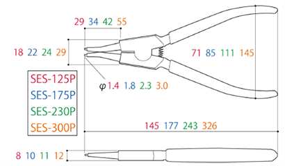 ツノダ スナップリングプライヤー 軸用直爪 (硬質ビット)(ばね付)(SES-P) 製品図面