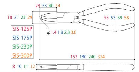 ツノダ スナップリングプライヤー 穴用直爪 (硬質ビット)(ばね付)(SIS-P) 製品図面