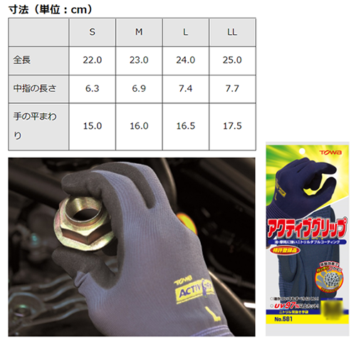 TOWA アクティブグリップ (ニトリルゴム背抜き手袋) No.581 製品規格