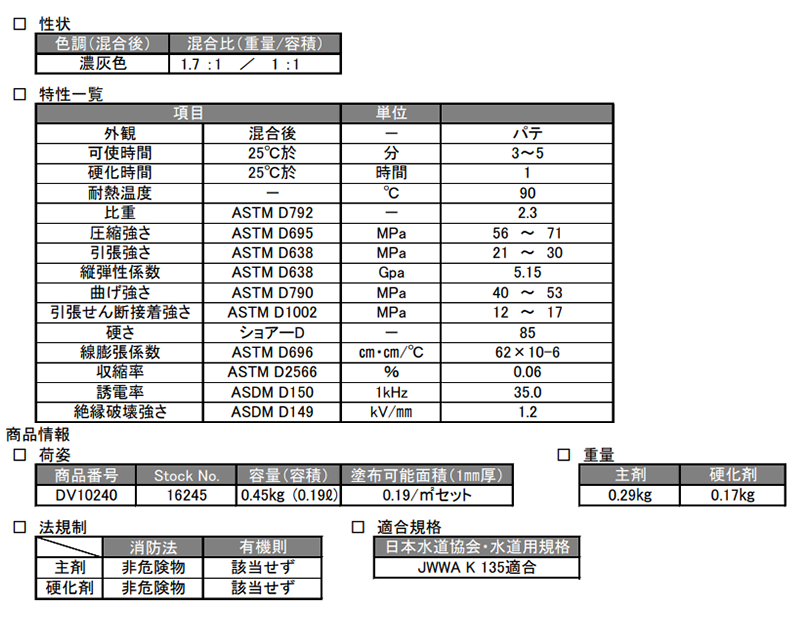 デブコンSF (鉄粉入り・パテ状・超速硬化)(濃灰色)(一般金属用補修剤) 製品規格