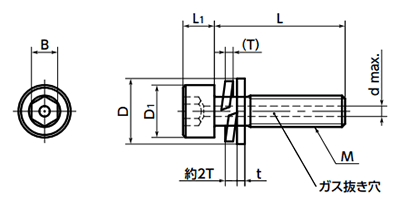 ステンレス SUSXM7 エアー抜き六角穴付きボルト 座金組込み(平座+ばね座)(SVSQS/小袋入り)(NBK製) 製品図面