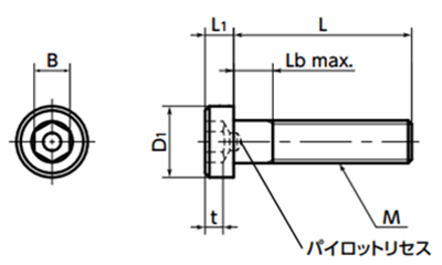 鋼8.8 六角穴付き低頭ボルト(キャップスクリュー)(パイロットリセスつき) SLP 製品図面
