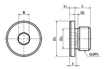 鋼 フランジ付き六角穴付きスクリュープラグ (管用平行ねじ/G/PF)(SFF)(NBK製) 製品図面