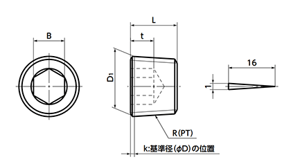 鉄(S45C) 配管用六角穴付きテーパスクリュープラグ(沈み)(SFT/小袋入り)(NBK製) 製品図面