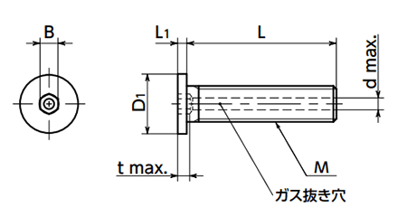 ステンレス SUS316L(A4) エアー抜き 六角穴付き極低頭ボルト (SVSHL)(10本入)(NBK製) 製品図面