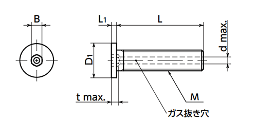 チタン (TW340 2種) エアー抜き 六角穴付き極低頭ボルト(SVSHT)(1本入)(NBK製) 製品図面