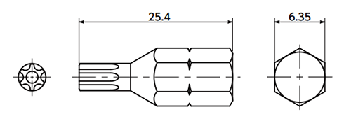 ヘクサロビュラ穴付きいたずら防止ねじ(ピンつき)用ビット(SRXB)(NBK製) 製品図面