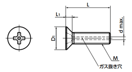 ステンレス SUSXM7 エアー抜き (+)皿頭小ねじ (真空用ボルト)(SVFS-VA/ばら単位)(NBK製) 製品図面
