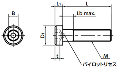 鋼8.8 六角穴付き低頭ボルト(キャップスクリュー)(パイロットリセスつき)(SLP-VA/ばら単位)(NBK製) 製品図面