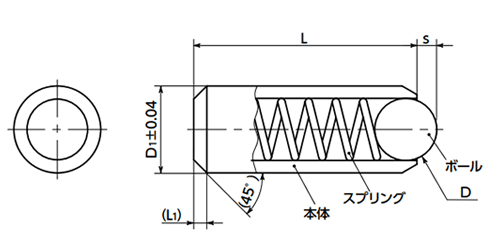 NBK ステンレス SUS303 ボールプランジャ (挿入タイプ)(ボール：SUS420C) 軽荷重 (PPSS) 製品図面