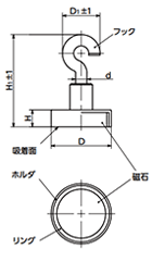 鉄 ホルダ付マグネット(フック付/丸平板形ホルダ)(ハードフェライト) JDH-HF-A 製品図面